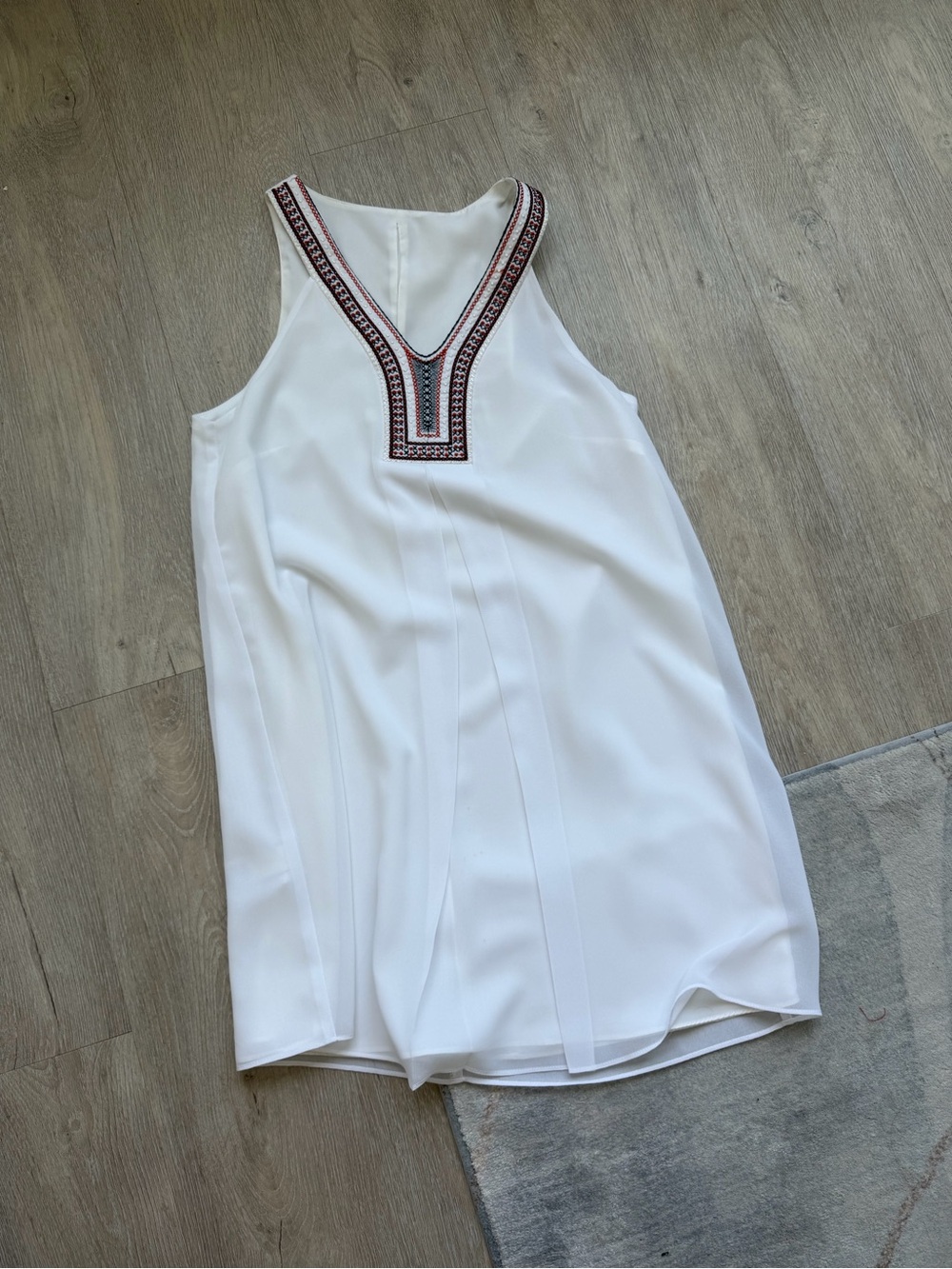 BCBGeneration White Mini Dress with Black and Red Embroidered Neckline